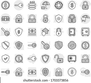 Editable thin line isolated vector icon set - lock, unlock, money, insurance, lounger, key, safe, shield, life vest, lifebuoy, locked, unlocked, plate washing, vector, dollar coin, protected, arrow