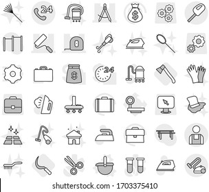Editable thin line isolated vector icon set - draw compass, measuring tape, repair, phone 24, workman, ladle vector, sickle, axe, vacuum cleaner, iron, steaming, rake, blower, clean floor, gloves