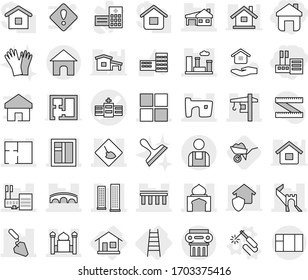 Editable thin line isolated vector icon set - store, home, hospital vector, greate wall, bridge, under construction, skyscrapers, mall, minaret, slum, house with garage, window, city, tower crane