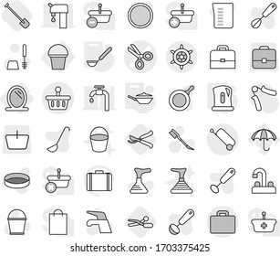 Editable thin line isolated vector icon set - scissors vector, basket, suitcase, handwheel, mirror, bucket, pan, kettle, ladle, shovel, pruner, plunger, water tap, car fetlock, toilet brush, whisk