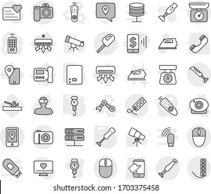 Editable thin line isolated vector icon set - mobile pay, location, air conditioning, intercome, remote control vector, web camera, vr helmet, robot hand, kitchen scales, handle, blender, iron
