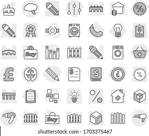 Editable thin line isolated vector icon set - pencil, add to basket, percent, equalizer, info, brain vector, bridge, 3d, smart house, fence, bulb, blocks, connect, eggplant, washer, cake, pound, buy
