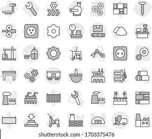 Editable thin line isolated vector icon set - nail, hangare, factory, port, customs control, fork loader, warehouse scales, railroad shipping, transporter tape, power socket, table, vector, press