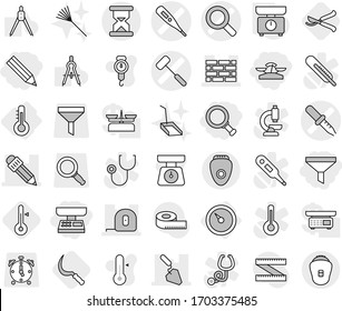 Editable thin line isolated vector icon set - pencil, market scales, magnifier, funnel, medical thermometer vector, pipette, doctors hammer, brick wall, measuring tape, construction, sand clock