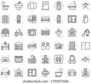 Editable thin line isolated vector icon set - wc, hospital bed vector, hangare, arch window, plan, hotel, do not distrub, sink, bath, wardrobe, dresser, crib, door, fireplace, toilet, paper, tap