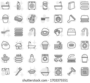 Editable thin line isolated vector icon set - cleanser, bath, washing machine, bucket, plate, towel, soap vector, scraper, fetlock, sponge, drying clothes, washer, powder, shower, sink, tooth brush