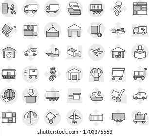 Editable thin line isolated vector icon set - delivery, cargo stoller, warehouse, plane, truck shipping, loading crane, consolidated, trolley, dry, courier, package, fast deliver, airplane, vector