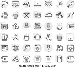 Editable thin line isolated vector icon set - air conditioning, iron, board, washing machine, bucket, mixer, vacuum cleaner, kettle, kitchen scales, handle, grill oven, gas, induction, fridge, hood