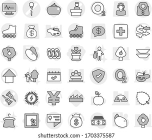 Editable thin line isolated vector icon set - flower, crutch vector, monitor pulse, sperm, hospital recieption, dome house, bed, location details, protected, first aid, life vest, in window, beans
