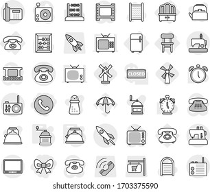 Editable thin line isolated vector icon set - bow, phone, rocket, dresser, chair, fridge, kettle, hand mill, windmill, washboard vector, alarm clock, abacus, umbrella, shop signboard, call, radio