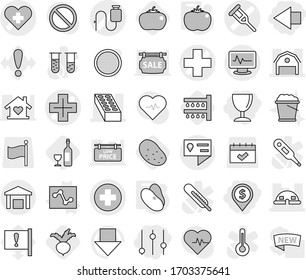 Editable thin line isolated vector icon set - dollar pin, left arrow, equalizer, wineglass, medical cross vector, heart, crutch, monitor pulse, dropper, brick, barn, dome house, location details