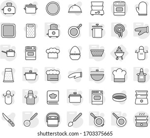 Editable thin line isolated vector icon set - bbq, pan, cauldron, saute, colander, cook hat, chief, apron, glove, cutting board, skimmer, big spoon, toaster, elecric oven, vector, timer, knife, dish