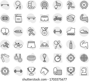Editable thin line isolated vector icon set - bike, dome house, stadium, motorcycle, pool, surfer, golf, jet ski, yacht, inflatable, horse, award cup vector, target, barbell, jump rope, hand trainer