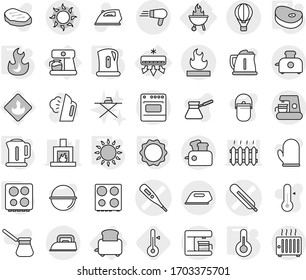 Editable thin line isolated vector icon set - medical thermometer vector, flammable, air ballon, sun, conditioning, coffee maker, toaster, bbq, kettle, gas oven, induction, fire, hob, steake, iron
