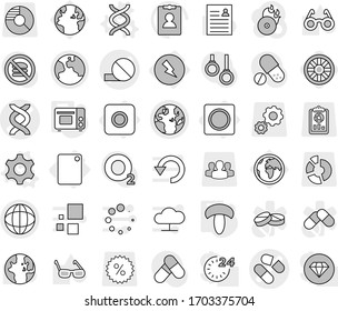 Editable thin line isolated vector icon set - dna vector, pill, globe, earth, electricity, ring button, cutting board, gear, grill oven, mushroom, wheel, glasses, world, personal information, pills