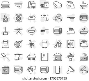 Editable thin line isolated vector icon set - sink, hanger, washing machine, fridge, vacuum cleaner, kettle, apron, microwave oven, food processor, scraper vector, water tap, fetlock, scoop, sponge