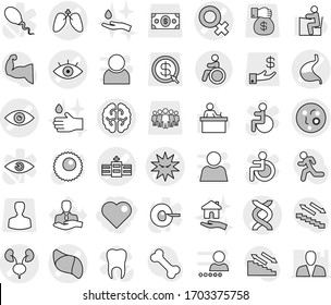 Editable thin line isolated vector icon set - heart, eye vector, female sign, dna, microbe, hospital, stomach, kidneys, lungs, brain, liver, virus, invalid, hand drop, and, housing, student, muscule