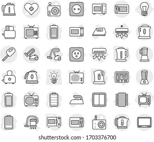 Editable thin line isolated vector icon set - tv, pacemaker vector, bulb, air conditioning, power socket, switch, kettle, vacuum cleaner, chip, microwave oven, iron, toaster, radio, battery, blender