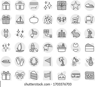 Editable thin line isolated vector icon set - gift, bow, hi quality package, bus, tourist, passenger, lounger, palm, hawaiian wreath, disco ball, aquapark, starfish, baggage trolley, hotel, golf