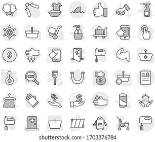 Editable thin line isolated vector icon set - anamnesis vector, acid, handwheel, shark flipper, touchscreen, data search, robot, thermometer, harvest, horseshoe, sow, cleaner trolley, rubber glove