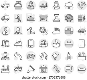 Editable thin line isolated vector icon set - medical hat vector, doctor, gas station, phone 24, support manager, truck shipping, consolidated cargo, trolley, package, baggage, transfer, cloud, iron