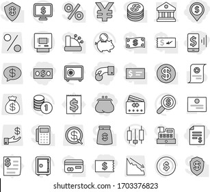 Editable thin line isolated vector icon set - hand coin, money, account balance, receipt, mobile pay, purse, dollar pin, library, atm, credit card, certificate vector, japanese candle, piggy bank
