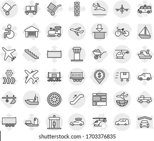 Editable thin line isolated vector icon set - dollar pin, bike, ambulance helicopter vector, plane, sea shipping, truck, car, trolley, package, fast deliver, train, baggage, airport tower, escalator