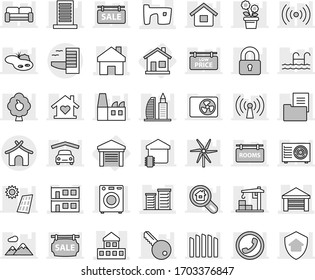 Editable thin line isolated vector icon set - home, cottage, slum, garage, modular house, district, hotel, bungalow, vector, pond, pool, solar panel, windmill, fruit tree, mountain, fence, rooms