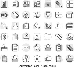 Editable thin line isolated vector icon set - hospital recieption vector, skyscraper, district, architector, pin, client, calendar, clipboard, document, suitcase, office phone, trash bin, student