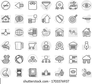 Editable thin line isolated vector icon set - funnel, eye vector, stomach, workman, hotel, transfer, no smoking, garage, shield, house, wasp, handle washing, pan, measuring cup, cookbook, pasta, pen