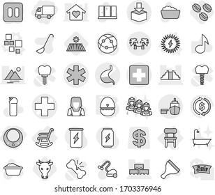 Editable thin line isolated vector icon set - delivery, necklace, medical cross vector, ambulance star, stomach, block wall, pyramid, port, package, palm hammock, chair, rocking, blocks, solar power