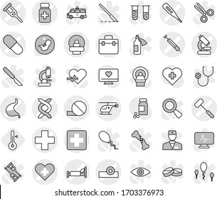 Editable thin line isolated vector icon set - doctor bag vector, medical cross, heart, thermometer, dna, crutch, pill, pills bottle, head reflector, microscope, hospital bed, ambulance helicopter