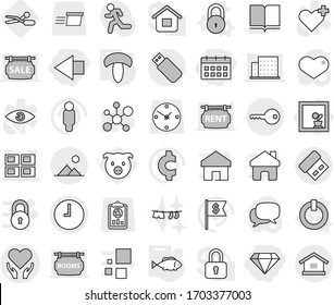 Editable thin line isolated vector icon set - left arrow, diamond, calendar, health care vector, panel house, clock, key, landscape, flower in window, on off button, lock, mushroom, fish, scissors