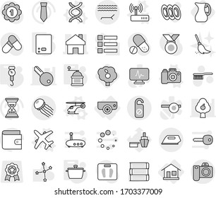Editable thin line isolated vector icon set - home, lounger, jellyfish, do not distrub, surveillance camera, plane vector, helicopter, dna, router, pan, kitchen scales, handle, hand mill, jug, broom