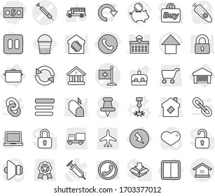Editable thin line isolated vector icon set - money, phone, medical flag vector, syringe, university, smart house, electricity, power switch, garage, pan, laser, bucket, reload, cake, notebook pc