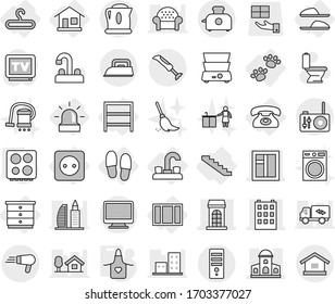 Editable thin line isolated vector icon set - building, mansion, window, home, water tap, power socket, alarm, chest of drawers, hanger, rack, phone, slippers, stairs, pets, apron, hob, broom, gift