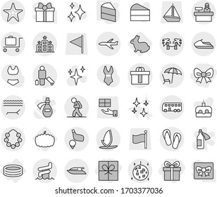 Editable thin line isolated vector icon set - gift, bow, hi quality package, plane, bus, tourist, passenger, lounger, hawaiian wreath, disco ball, aquapark, starfish, baggage trolley, hotel, golf
