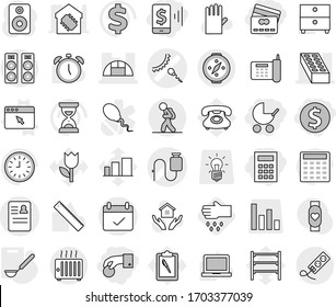 Conjunto editable de iconos vectoriales aislados de línea delgada - moneda de mano, dólar, pago móvil, tarjeta de crédito, calculadora, coche de bebé, vector de anamnesis, cuentagotas, esperma, ladrillo, invernadero, términos, turista, brújula, cerda