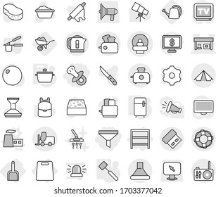 Conjunto de iconos vectoriales aislados de línea delgada editable - embudo, pezón, vector de tomografía, estación de gas, cargador de horquilla, tienda, salvavidas, rack, cuchara, tabla de corte, fábrica, sartén, martillo de carne, nevera, carretilla de ruedas