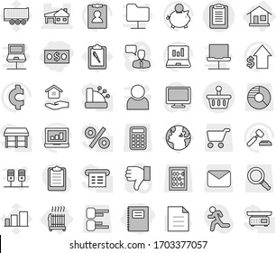 Editable thin line isolated vector icon set - money, copybook, house with garage, clipboard, basket, home, radiator, hold vector, document, laptop graph, piggy bank, dollar growth, auction, run