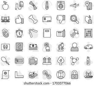Editable thin line isolated vector icon set - welcome mat vector, cleaning agent, copybook, corner ruler, apple fruit, alarm clock, certificate, abacus, molecule, check, annual report, tie, bone, tv