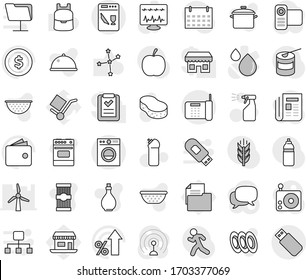 Editable thin line isolated vector icon set - sponge vector, sprayer, cleaning agent, pan, oil, colander, oven, plates, dish, pasta, backpack, constellation, dollar coin, wallet, percent growth, run