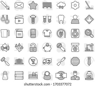 Editable thin line isolated vector icon set - rake vector, measuring cup, scales, spatula, meat hammer, hand mill, book, pen, piggy bank, tie, t shirt, sports nutrition, no alcohol sign, flammable