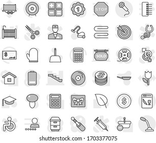 Editable thin line isolated vector icon set - stairs, vacuum cleaner vector, scoop, towel, pan, cook glove, mushroom, graduate hat, leaf, dollar coin, check, calculator, target, medal, truck trailer
