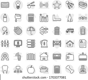 Editable thin line isolated vector icon set - drawbridge, home, dry cargo, starfish, setup vector, battery, steake, hierarchy, farm fence, kettle, towel, cook press, mixer, corner ruler, medal, cash
