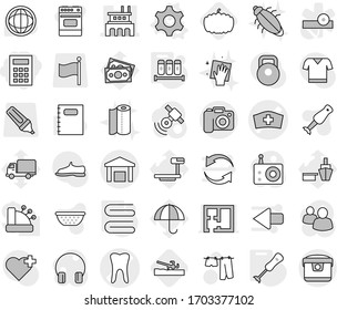 Editable thin line isolated vector icon set - calculator, medical hat vector, tooth, factory, warehouse, camera, gear, towel, blender, spices, soil cutter, pumpkin, drying clothes, wiping, paper