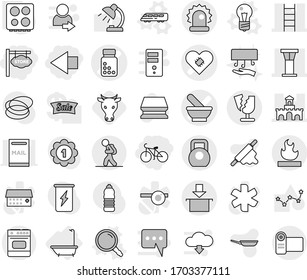 Editable thin line isolated vector icon set - left arrow, store signboard, bike, pills bottle vector, mortar, pacemaker, airport tower, fort, stairs, package, heavy, flammable, alarm, broken, bath