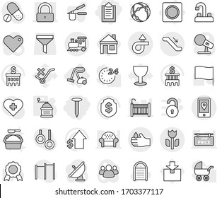 Editable thin line isolated vector icon set - clipboard, nail, lock, trip, mobile location, perishable, acid, train, escalator, ring button, vacuum cleaner, hand mill, house, washboard vector, medal