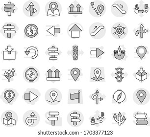 Editable thin line isolated vector icon set - dollar pin, right arrow, singlepost, trip, geo, route, map, escalator, signpost, handwheel, compass, electric magnet vector, up, traffic light, top sign