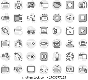 Editable thin line isolated vector icon set - surveillance, intercome, camera, tv, vector, vr helmet, projector, cd, cinema clap, film spool, gamepad, video, remote control, play button, pause, stop